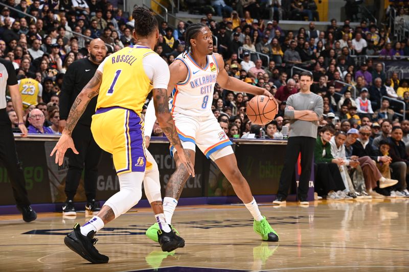 LOS ANGELES, CA - MARCH 4: Jalen Williams #8 of the Oklahoma City Thunder dribbles the ball during the game against the Los Angeles Lakers on March 4, 2024 at Crypto.Com Arena in Los Angeles, California. NOTE TO USER: User expressly acknowledges and agrees that, by downloading and/or using this Photograph, user is consenting to the terms and conditions of the Getty Images License Agreement. Mandatory Copyright Notice: Copyright 2024 NBAE (Photo by Andrew D. Bernstein/NBAE via Getty Images)