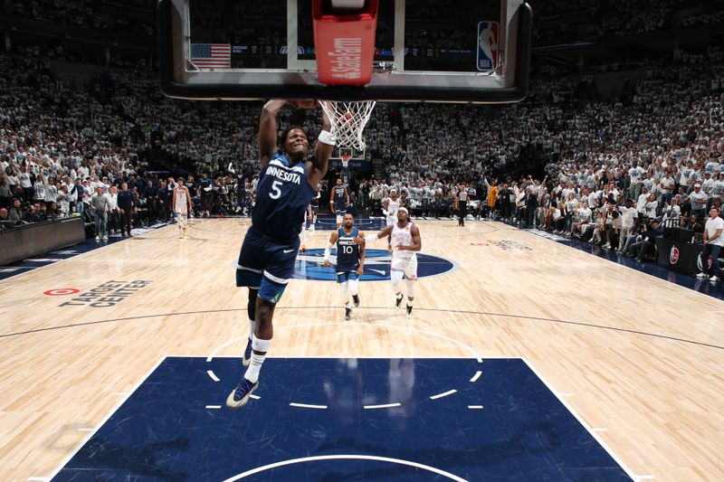 MINNEAPOLIS, MN - MAY 24: Anthony Edwards #5 of the Minnesota Timberwolves dunks the ball during the game against the Oklahoma City Thunder during Game Three of the Western Conference Finals on May 24, 2025 at Target Center in Minneapolis, Minnesota. NOTE TO USER: User expressly acknowledges and agrees that, by downloading and or using this Photograph, user is consenting to the terms and conditions of the Getty Images License Agreement. Mandatory Copyright Notice: Copyright 2025 NBAE (Photo by David Sherman/NBAE via Getty Images)