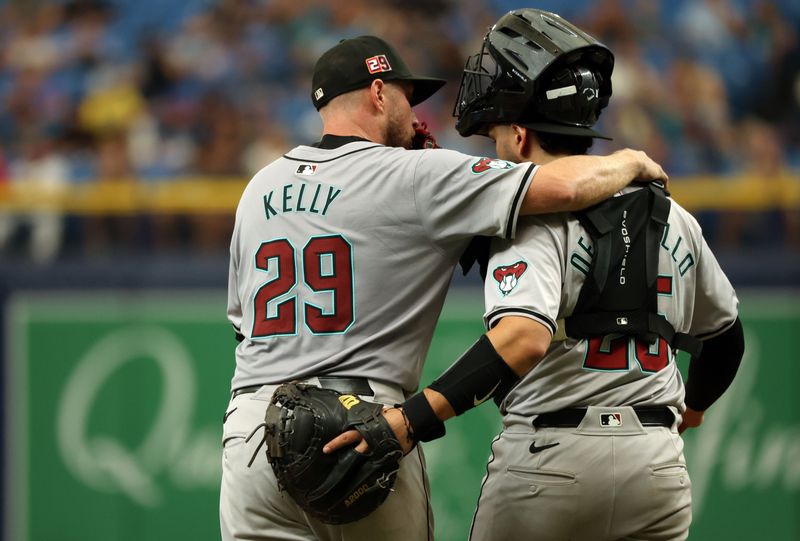 Aug 18, 2024; St. Petersburg, Florida, USA;  Arizona Diamondbacks pitcher Merrill Kelly (29) and Arizona Diamondbacks catcher Adrian Del Castillo (25) talk against the Tampa Bay Rays during the fifth inning at Tropicana Field. Mandatory Credit: Kim Klement Neitzel-USA TODAY Sports