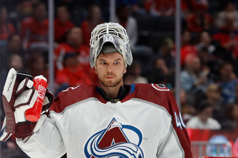 Feb 13, 2024; Washington, District of Columbia, USA; Colorado Avalanche goaltender Alexandar Georgiev (40) drinks water during. Stoppage in play against the Washington Capitals in the second period at Capital One Arena. Mandatory Credit: Geoff Burke-USA TODAY Sports