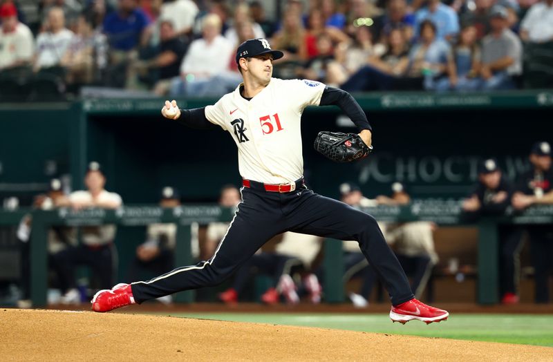 Sep 19, 2025; Arlington, Texas, USA;  Texas Rangers starting pitcher Tyler Mahle (51) throws during the first inning against the Miami Marlins at Globe Life Field. Mandatory Credit: Kevin Jairaj-Imagn Images
