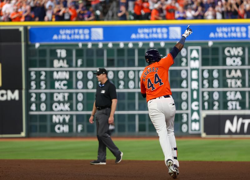 Sep 6, 2024; Houston, Texas, USA;  Houston Astros left fielder Jordan Alvarez (44) reacts to his two run home run against the Arizona Diamondbacks in the sixth inning at Minute Maid Park. Mandatory Credit: Thomas Shea-Imagn Images