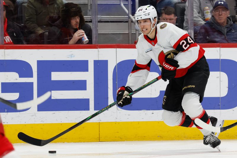 Jan 18, 2026; Detroit, Michigan, USA; Ottawa Senators center Dylan Cozens (24) skates with the puck in the first period against the Detroit Red Wings at Little Caesars Arena. Mandatory Credit: Rick Osentoski-Imagn Images