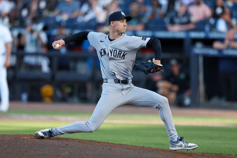 Apr 19, 2025; Tampa, Florida, USA; New York Yankees pitcher Luke Weaver (30) throws a pitch against the Tampa Bay Rays in the eighth inning at George M. Steinbrenner Field. Mandatory Credit: Nathan Ray Seebeck-Imagn Images