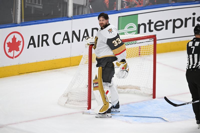 May 10, 2025; Edmonton, Alberta, CAN; Vegas Golden Knights goalie Adin Hill (33) is seen with his helmet off  during the second period in game three of the second round of the 2025 Stanley Cup Playoffs at Rogers Place. Mandatory Credit: Walter Tychnowicz-Imagn Images