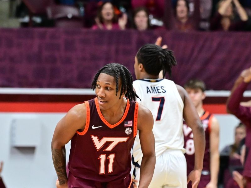 Feb 15, 2025; Blacksburg, Virginia, USA;  Virginia Tech Hokies guard Ben Hammond (11) celebrates after making a three point shot against the Virginia Cavaliers during the second half at Cassell Coliseum. Mandatory Credit: Brian Bishop-Imagn Images