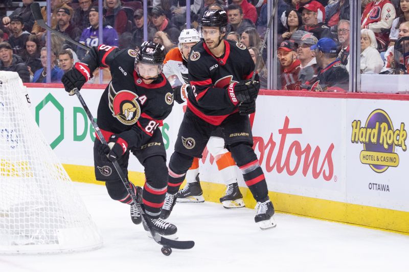 Oct 23, 2025; Ottawa, Ontario, CAN; Ottawa Senators defenseman Jake Sanderson (85) skates with the puck in the second period against the Philadelphia Flyers at the Canadian Tire Centre. Mandatory Credit: Marc DesRosiers-IMAGN Images
