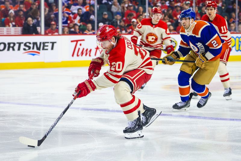 Jan 20, 2024; Calgary, Alberta, CAN; Calgary Flames center Blake Coleman (20) skates with the puck against the Edmonton Oilers during the second period at Scotiabank Saddledome. Mandatory Credit: Sergei Belski-USA TODAY Sports