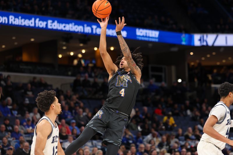 Feb 26, 2025; Memphis, Tennessee, USA; Memphis Tigers guard PJ Haggerty (4) shoots the ball against the Rice Owls during the first half at FedExForum. Mandatory Credit: Wesley Hale-Imagn Images