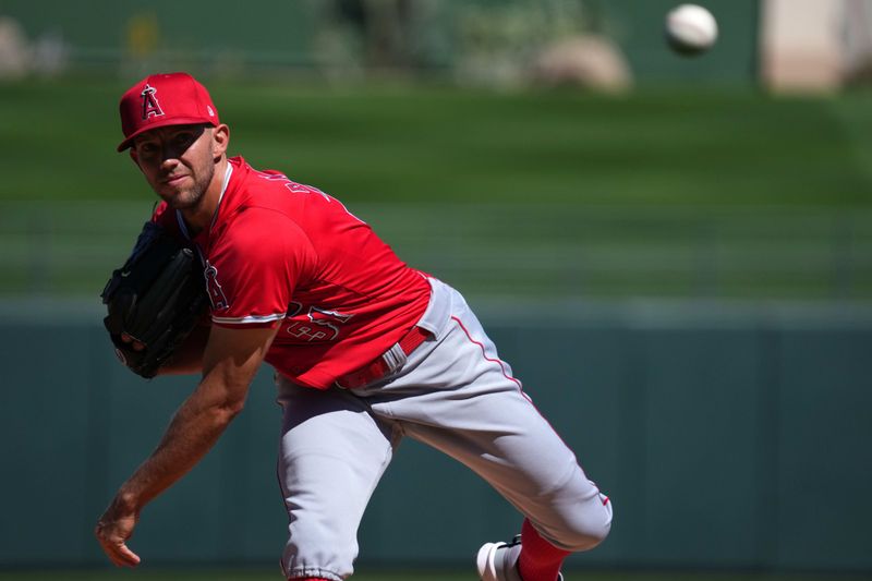 Mar 4, 2024; Surprise, Arizona, USA; Los Angeles Angels pitcher Tyler Anderson pitches against the Texas Rangers during the first inning at Surprise Stadium. Mandatory Credit: Joe Camporeale-USA TODAY Sports