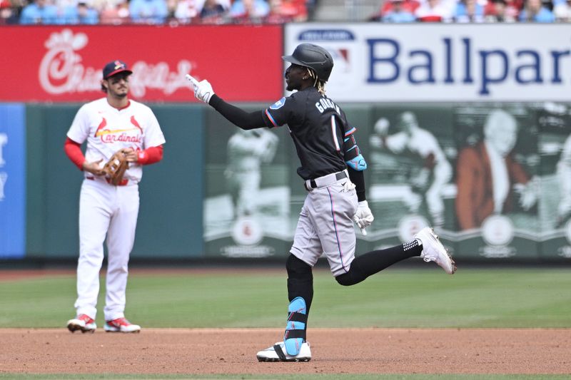 Apr 7, 2024; St. Louis, Missouri, USA; Miami Marlins outfielder Nick Gordon (1) reacts after hitting a three run homerun against the St. Louis Cardinals during the first inning at Busch Stadium. Mandatory Credit: Jeff Le-USA TODAY Sports