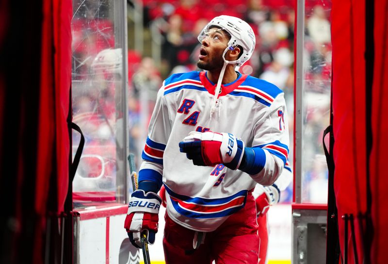 Apr 12, 2025; Raleigh, North Carolina, USA; New York Rangers defenseman K'Andre Miller (79) comes off the ice after warmups before the game against the Carolina Hurricanes at Lenovo Center. Mandatory Credit: James Guillory-Imagn Images