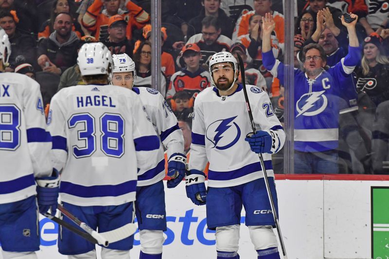 Feb 27, 2024; Philadelphia, Pennsylvania, USA; Tampa Bay Lightning left wing Nicholas Paul (20) celebrates his goal with teammates against the Philadelphia Flyers during the second period at Wells Fargo Center. Mandatory Credit: Eric Hartline-USA TODAY Sports