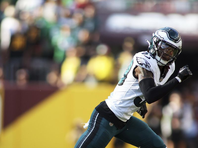 Philadelphia Eagles cornerback Eli Ricks (39) runs during an NFL football game against the Washington Commanders, Sunday, October 29, 2023 in Landover, Maryland. (AP Photo/Daniel Kucin Jr.)