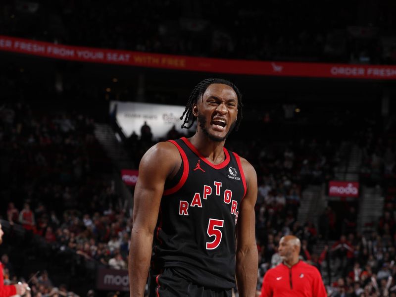 PORTLAND, OR - MARCH 9: Immanuel Quickley #5 of the Toronto Raptors celebrates during the game against the Portland Trail Blazers on March 9, 2024 at the Moda Center Arena in Portland, Oregon. NOTE TO USER: User expressly acknowledges and agrees that, by downloading and or using this photograph, user is consenting to the terms and conditions of the Getty Images License Agreement. Mandatory Copyright Notice: Copyright 2024 NBAE (Photo by Cameron Browne/NBAE via Getty Images)