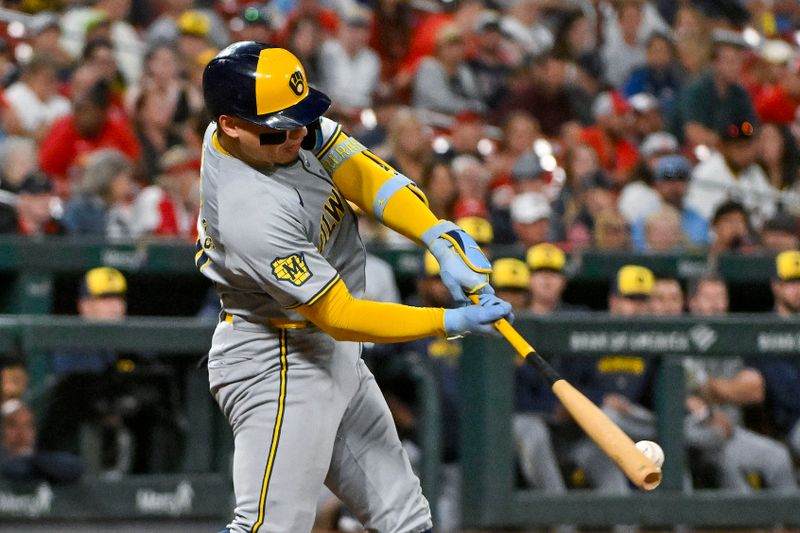 Aug 21, 2024; St. Louis, Missouri, USA;  Milwaukee Brewers catcher William Contreras (24) hits a one run double against the St. Louis Cardinals during the sixth inning at Busch Stadium. Mandatory Credit: Jeff Curry-USA TODAY Sports