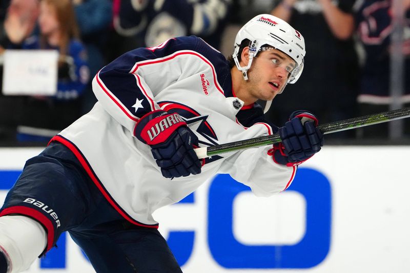 Mar 23, 2024; Las Vegas, Nevada, USA; Columbus Blue Jackets center Cole Sillinger (4) warms up before a game against the Vegas Golden Knights at T-Mobile Arena. Mandatory Credit: Stephen R. Sylvanie-USA TODAY Sports