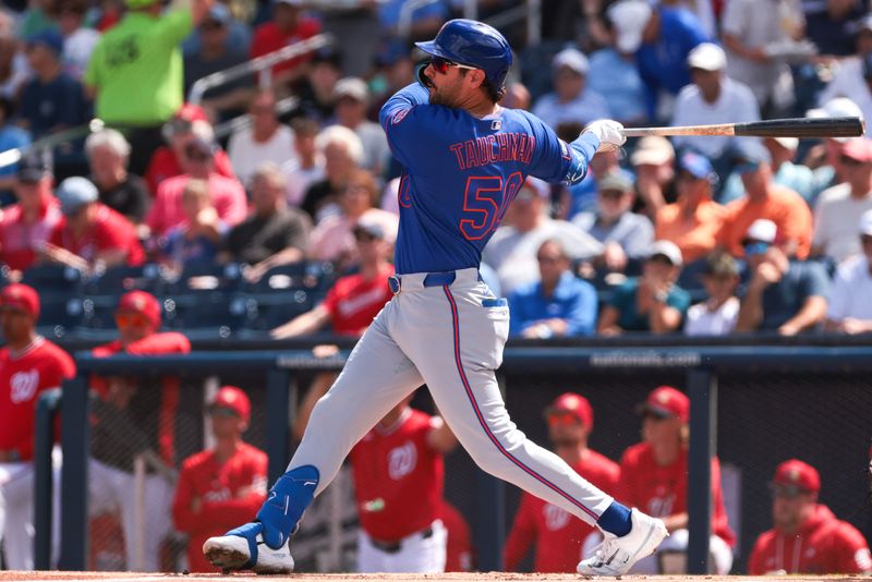 Mar 5, 2026; West Palm Beach, Florida, USA; New York Mets left fielder Mike Tauchman (50) hits a double against the Washington Nationals during the first inning at CACTI Park of the Palm Beaches. Mandatory Credit: Sam Navarro-Imagn Images