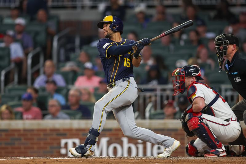 Aug 7, 2024; Atlanta, Georgia, USA; Milwaukee Brewers center fielder Blake Perkins (16) hits a RBI single against the Atlanta Braves in the fifth inning at Truist Park. Mandatory Credit: Brett Davis-USA TODAY Sports