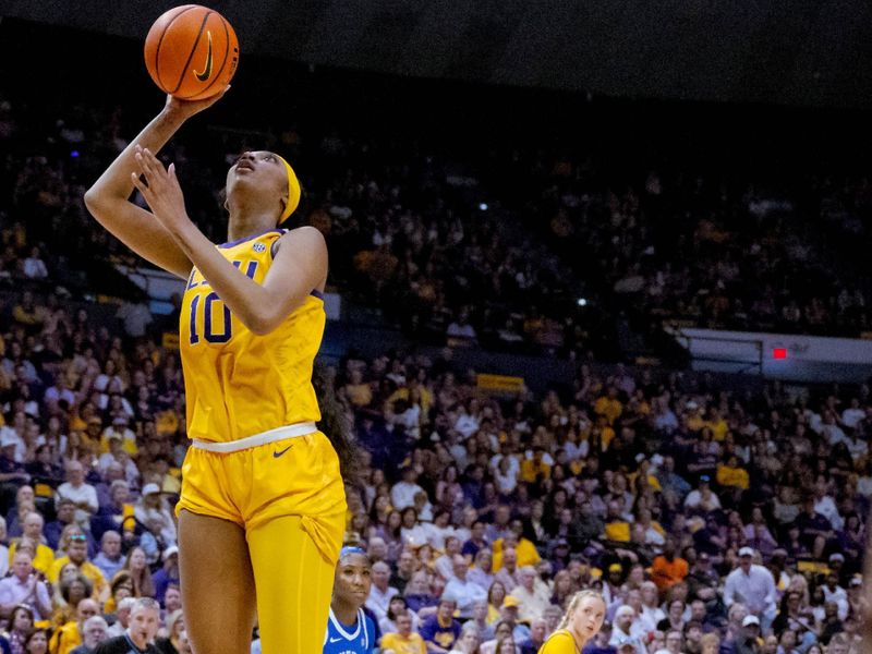 Mar 3, 2024; Baton Rouge, Louisiana, USA; LSU Lady Tigers forward Angel Reese (10) shoot against Kentucky Wildcats forward Janae Walker (44) during the first half at Pete Maravich Assembly Center. Mandatory Credit: Matthew Hinton-USA TODAY Sports