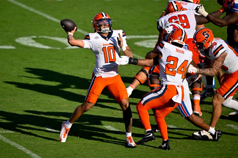 Oct 4, 2025; Dallas, Texas, USA; Syracuse Orange quarterback Rickie Collins (10) throws the ball during the second half against the Syracuse Orange at Gerald J. Ford Stadium. Mandatory Credit: Jerome Miron-Imagn Images