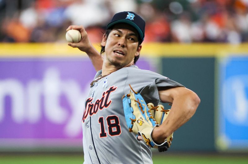 Jun 16, 2024; Houston, Texas, USA;  Detroit Tigers starting pitcher Kenta Maeda (18) pitches against the Houston Astros in the first inning at Minute Maid Park. Mandatory Credit: Thomas Shea-USA TODAY Sports