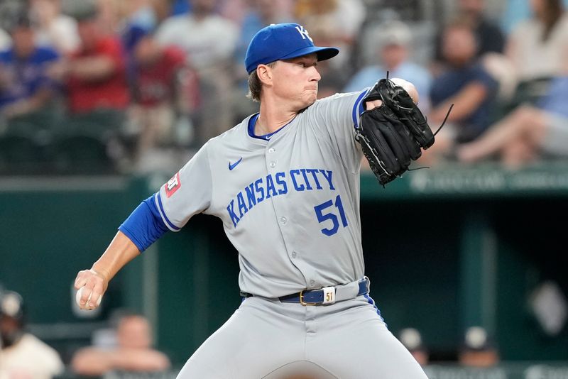 Jun 21, 2024; Arlington, Texas, USA; Kansas City Royals starting pitcher Brady Singer (51) delivers a pitch to the Texas Rangers during the first inning at Globe Life Field. Mandatory Credit: Jim Cowsert-USA TODAY Sports