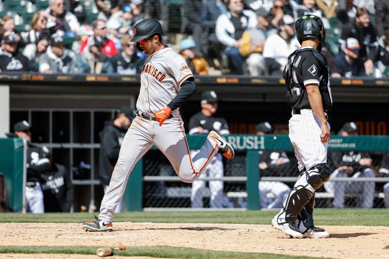 Apr 6, 2023; Chicago, Illinois, USA; San Francisco Giants catcher Blake Sabol (2) scores against the Chicago White Sox during the fourth inning at Guaranteed Rate Field. Mandatory Credit: Kamil Krzaczynski-USA TODAY Sports