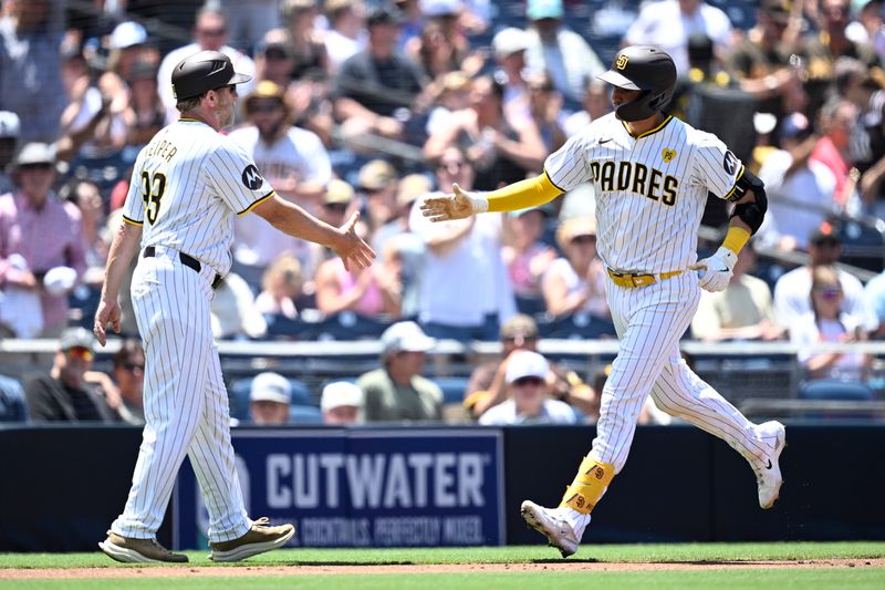 Jun 26, 2024; San Diego, California, USA; San Diego Padres catcher Kyle Higashioka (right) is congratulated by third base coach Tim Leiper (33) after hitting a two-run home run against the Washington Nationals during the second inning at Petco Park. Mandatory Credit: Orlando Ramirez-USA TODAY Sports