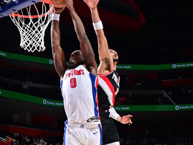 DETROIT, MI - JANUARY 06: Jalen Duren #0 of the Detroit Pistons shoots the ball during the game against the Portland Trail Blazers on January 06, 2025 at Little Caesars Arena in Detroit, Michigan. NOTE TO USER: User expressly acknowledges and agrees that, by downloading and/or using this photograph, User is consenting to the terms and conditions of the Getty Images License Agreement. Mandatory Copyright Notice: Copyright 2025 NBAE (Photo by Chris Schwegler/NBAE via Getty Images)