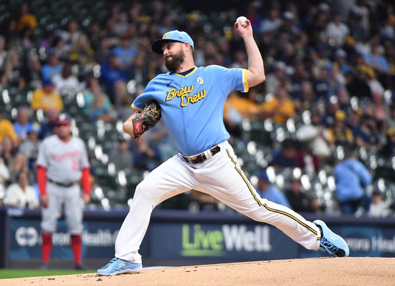 Sep 15, 2023; Milwaukee, Wisconsin, USA; Milwaukee Brewers starting pitcher Wade Miley (20) delivers a pitch against the Washington Nationals in the first inning at American Family Field. Mandatory Credit: Michael McLoone-USA TODAY Sports