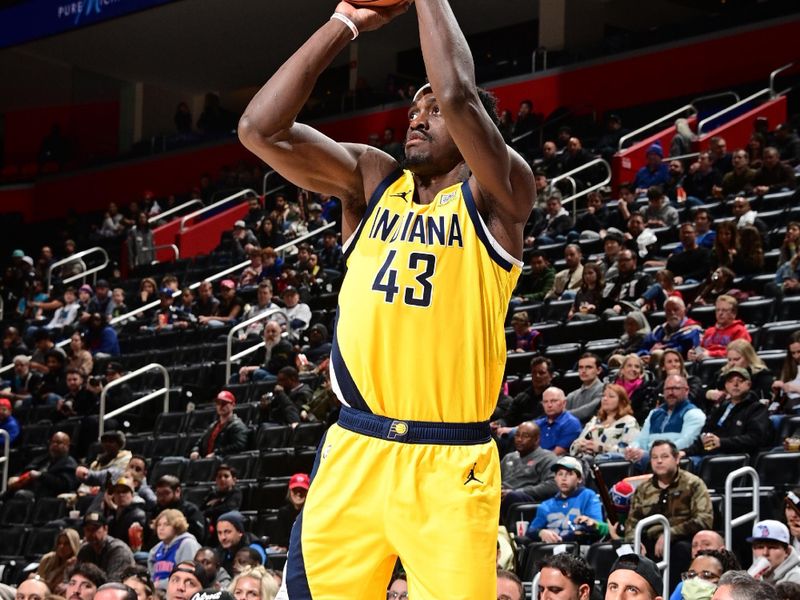 DETROIT, MI - MARCH 20: Pascal Siakam #43 of the Indiana Pacers shoots the ball during the game against the Detroit Pistons on March 20, 2024 at Little Caesars Arena in Detroit, Michigan. NOTE TO USER: User expressly acknowledges and agrees that, by downloading and/or using this photograph, User is consenting to the terms and conditions of the Getty Images License Agreement. Mandatory Copyright Notice: Copyright 2024 NBAE (Photo by Chris Schwegler/NBAE via Getty Images)