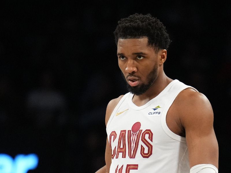 BROOKLYN, NY - FEBRUARY 8: Donovan Mitchell #45 of the Cleveland Cavaliers handles the ball during the game against the Brooklyn Nets on February 8, 2024 at Barclays Center in Brooklyn, New York. NOTE TO USER: User expressly acknowledges and agrees that, by downloading and or using this Photograph, user is consenting to the terms and conditions of the Getty Images License Agreement. Mandatory Copyright Notice: Copyright 2024 NBAE (Photo by Jesse D. Garrabrant/NBAE via Getty Images)