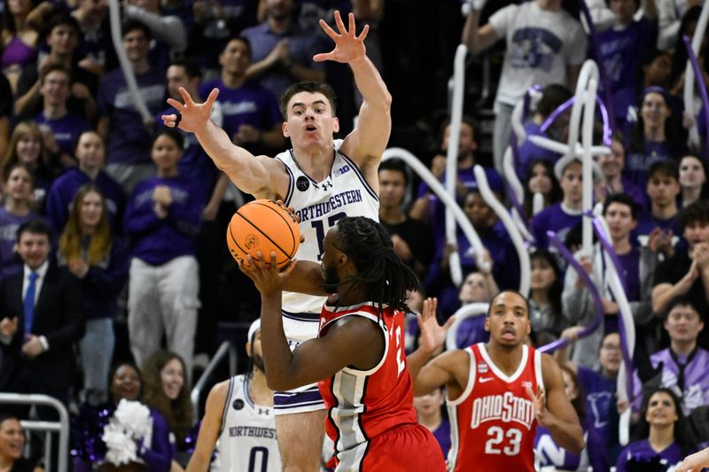 Jan 27, 2024; Evanston, Illinois, USA; Northwestern Wildcats guard Brooks Barnhizer (13) defends against Ohio State Buckeyes guard Bruce Thornton (2) during the second half  at Welsh-Ryan Arena. Mandatory Credit: Matt Marton-USA TODAY Sports