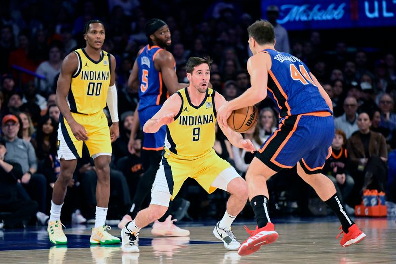 NEW YORK, NEW YORK - FEBRUARY 10:  T.J. McConnell #9 of the Indiana Pacers defends Bojan Bogdanovic #44 of the New York Knicks during the first half at Madison Square Garden on February 10, 2024 in New York City. NOTE TO USER: User expressly acknowledges and agrees that, by downloading and or using this photograph, User is consenting to the terms and conditions of the Getty Images License Agreement. (Photo by Steven Ryan/Getty Images)