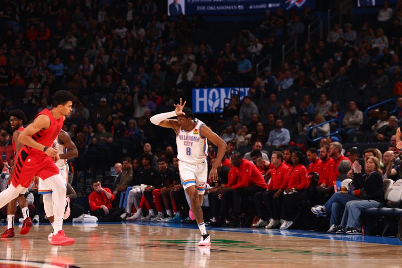 OKLAHOMA CITY, OK - JANUARY 11: Jalen Williams #8 of the Oklahoma City Thunder celebrates a three point basket during the game against the Portland Trail Blazers on January 11, 2024 at Paycom Arena in Oklahoma City, Oklahoma. NOTE TO USER: User expressly acknowledges and agrees that, by downloading and or using this photograph, User is consenting to the terms and conditions of the Getty Images License Agreement. Mandatory Copyright Notice: Copyright 2024 NBAE (Photo by Zach Beeker/NBAE via Getty Images)