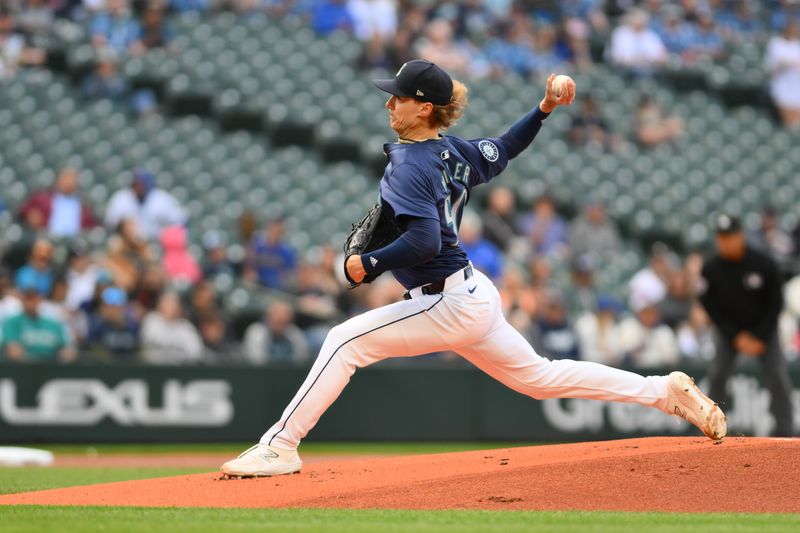 Jun 12, 2024; Seattle, Washington, USA; Seattle Mariners starting pitcher Bryce Miller (50) pitches to the Chicago White Sox during the first inning at T-Mobile Park. Mandatory Credit: Steven Bisig-USA TODAY Sports