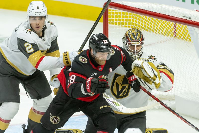 Nov 21, 2024; Ottawa, Ontario, CAN;  Ottawa Senators right wing Claude Giroux (28) chases the puck following a save by Vegas Golden Knights goalie Ilya Samsonov (35) in the third period at the Canadian Tire Centre. Mandatory Credit: Marc DesRosiers-Imagn Images