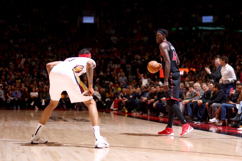 TORONTO, CANADA - FEBRUARY 23: Pascal Siakam #43 of the Toronto Raptors dribbles the ball against the New Orleans Pelicans on February 23, 2023 at the Scotiabank Arena in Toronto, Ontario, Canada.  NOTE TO USER: User expressly acknowledges and agrees that, by downloading and or using this Photograph, user is consenting to the terms and conditions of the Getty Images License Agreement.  Mandatory Copyright Notice: Copyright 2023 NBAE (Photo by Vaughn Ridley/NBAE via Getty Images)