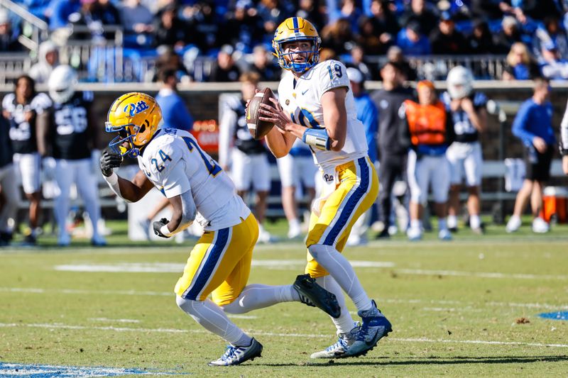 Nov 25, 2023; Durham, North Carolina, USA; Pittsburgh Panthers quarterback Nate Yarnell (19) prepares to throw the ball during the first half of the game against Duke Blue Devils at Wallace Wade Stadium. Mandatory Credit: Jaylynn Nash-USA TODAY Sports