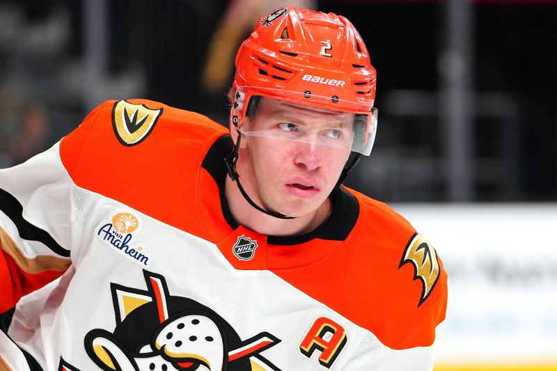 Nov 8, 2025; Las Vegas, Nevada, USA; Anaheim Ducks defenseman Jackson Lacombe (2) warms up before a game against the Vegas Golden Knights at T-Mobile Arena. Mandatory Credit: Stephen R. Sylvanie-Imagn Images