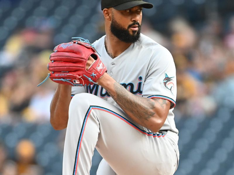 Jun 10, 2025; Pittsburgh, Pennsylvania, USA;  Miami Marlins starting pitcher Sandy Alcantara (22) delivers a pitch to the Pittsburgh Pirates during the first inning PNC Park. Mandatory Credit: Philip G. Pavely-Imagn Images