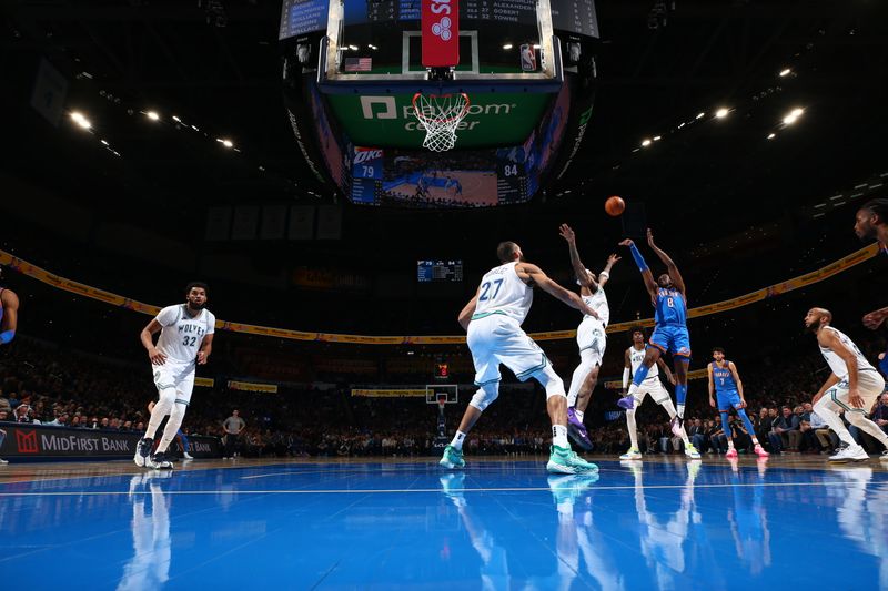 OKLAHOMA CITY, OK - JANUARY 29: Jalen Williams #8 of the Oklahoma City Thunder shoots the ball during the game against the Minnesota Timberwolves on January 29, 2024 at Paycom Arena in Oklahoma City, Oklahoma. NOTE TO USER: User expressly acknowledges and agrees that, by downloading and or using this photograph, User is consenting to the terms and conditions of the Getty Images License Agreement. Mandatory Copyright Notice: Copyright 2024 NBAE (Photo by Zach Beeker/NBAE via Getty Images)