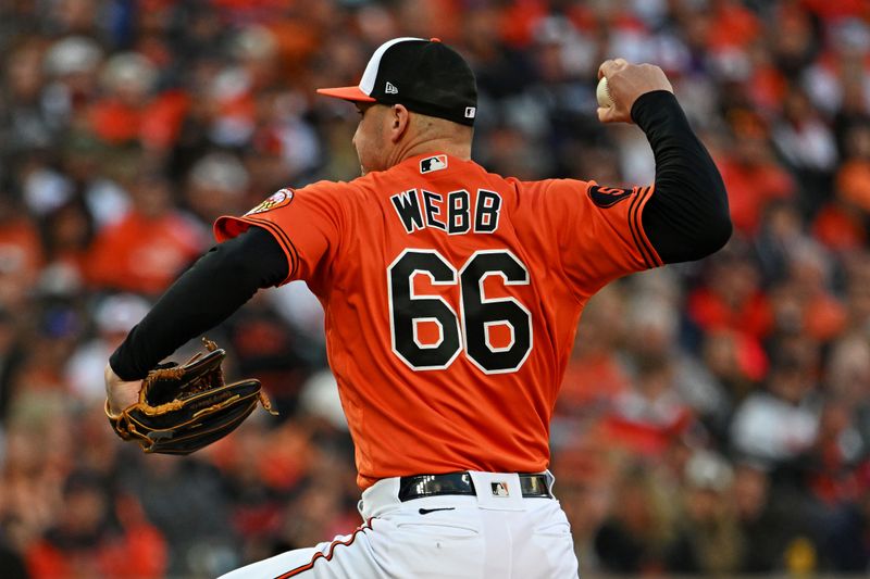 Oct 8, 2023; Baltimore, Maryland, USA; Baltimore Orioles relief pitcher Jacob Webb (66) pitches during the third inning against the Texas Rangers during game two of the ALDS for the 2023 MLB playoffs at Oriole Park at Camden Yards. Mandatory Credit: Tommy Gilligan-USA TODAY Sports