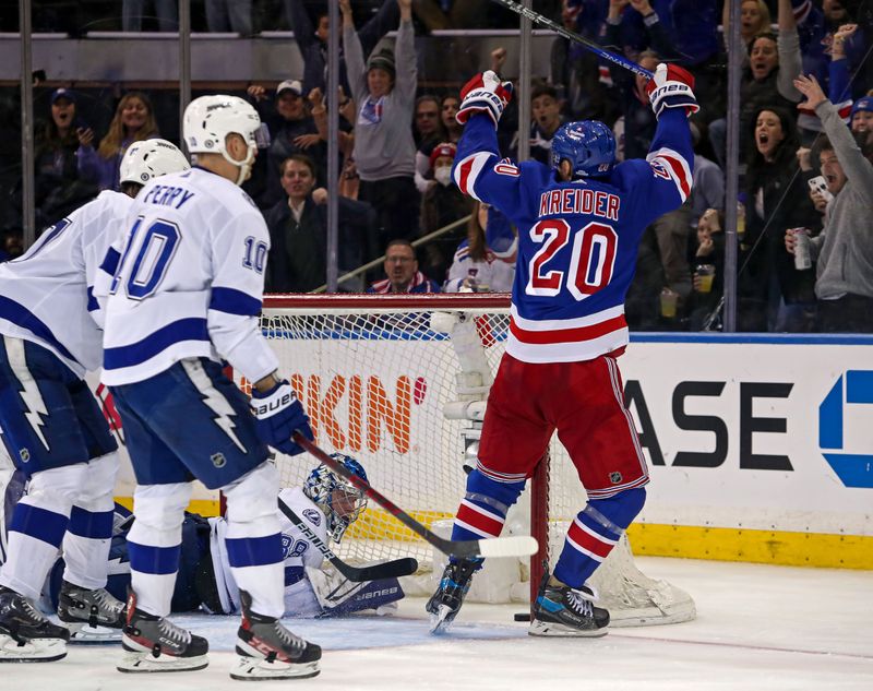 Apr 5, 2023; New York, New York, USA; New York Rangers left wing Chris Kreider (20) scores a goal against Tampa Bay Lightning goalie Andrei Vasilevskiy (88) during the third period at Madison Square Garden. Mandatory Credit: Danny Wild-USA TODAY Sports