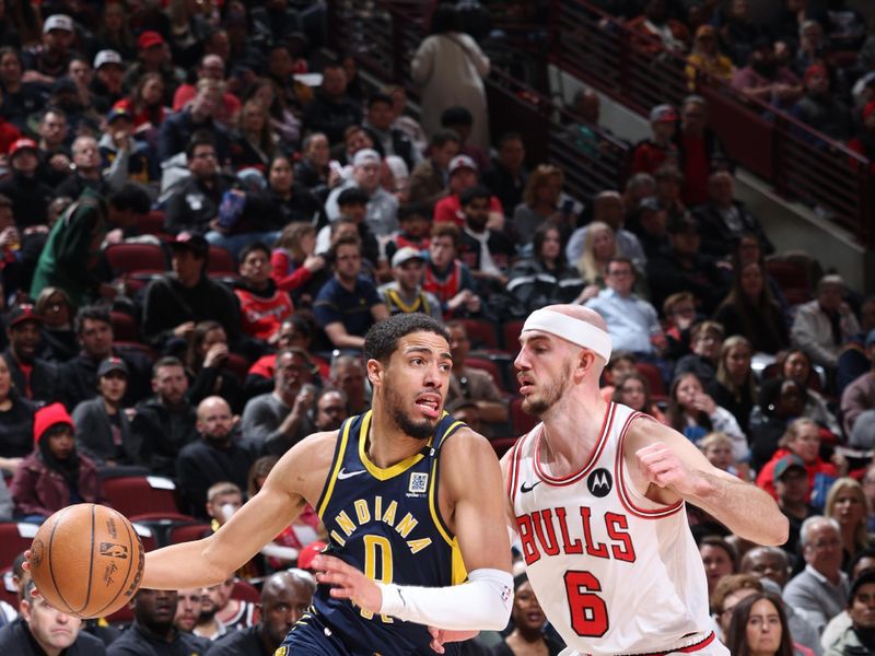 CHICAGO, IL - MARCH 27: Tyrese Haliburton #0 of the Indiana Pacers drives to the basket during the game against the Chicago Bulls on March 27, 2024 at United Center in Chicago, Illinois. NOTE TO USER: User expressly acknowledges and agrees that, by downloading and or using this photograph, User is consenting to the terms and conditions of the Getty Images License Agreement. Mandatory Copyright Notice: Copyright 2024 NBAE (Photo by Jeff Haynes/NBAE via Getty Images)