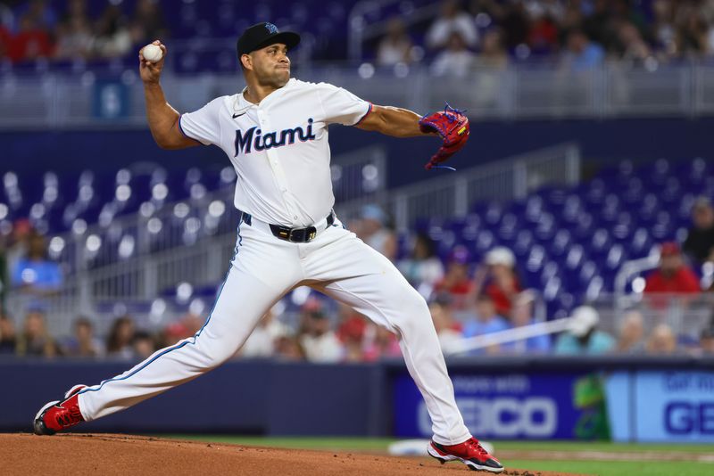 Jun 19, 2024; Miami, Florida, USA; Miami Marlins starting pitcher Yonny Chirinos (26) delivers a pitch against the St. Louis Cardinals during the first inning at loanDepot Park. Mandatory Credit: Sam Navarro-USA TODAY Sports