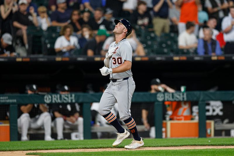 Jun 2, 2025; Chicago, Illinois, USA; Detroit Tigers designated hitter Kerry Carpenter (30) rounds the bases after hitting a solo home run against the Chicago White Sox during the sixth inning at Rate Field. Mandatory Credit: Kamil Krzaczynski-Imagn Images