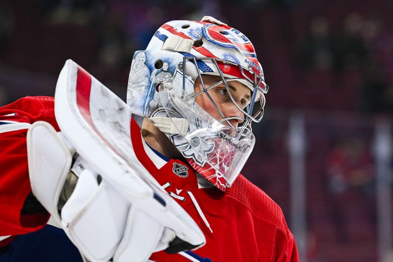 Nov 12, 2023; Montreal, Quebec, CAN; Montreal Canadiens goalie Cayden Primeau (30) looks on during warm-up before the game against the Vancouver Canucks at Bell Centre. Mandatory Credit: David Kirouac-USA TODAY Sports