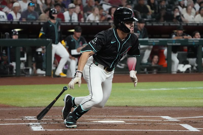 Aug 12, 2024; Phoenix, Arizona, USA; Arizona Diamondbacks outfielder Corbin Carroll (7) hits a against the Colorado Rockies in the first inning at Chase Field. Mandatory Credit: Rick Scuteri-USA TODAY Sports